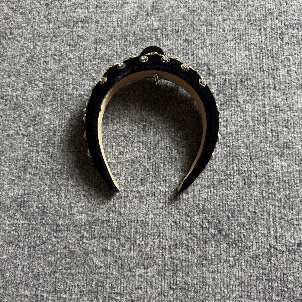 Baroque Velvet Padded Headband Black Gold Crystal Studded Gem Statement Piece